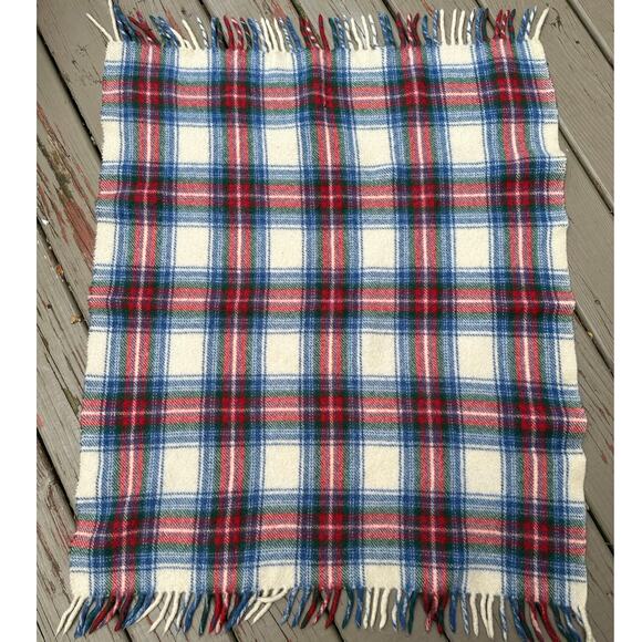 Vintage Wool Tartan Plaid Throw Stadium Blanket blue red white 38x32” Fringed - Picture 8 of 11